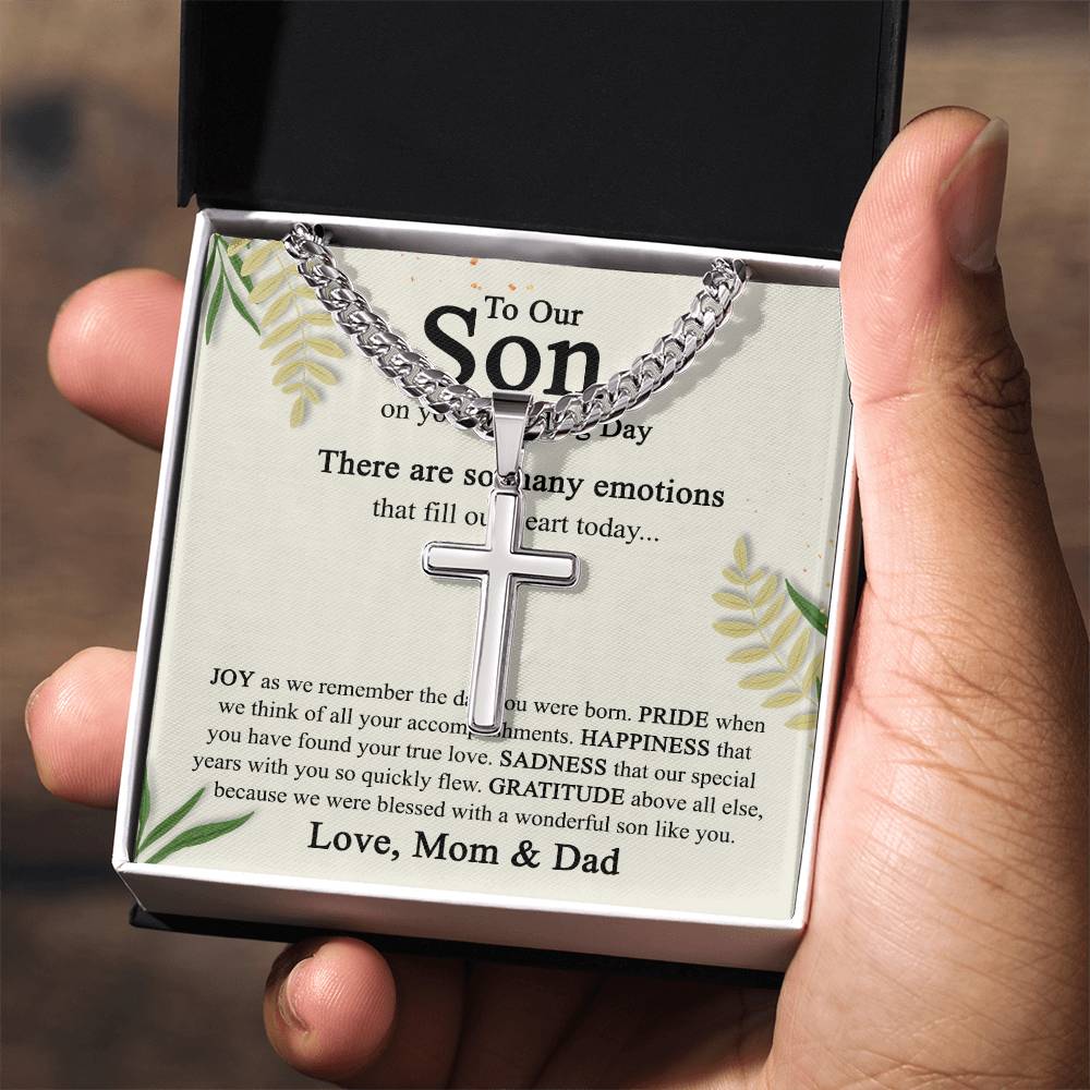 To Our Son on His Wedding Day Cross Necklace, Sentimental Wedding Gifts Cross Necklace from Parents, Son Getting Married, Wedding gift Cross Necklace for Son Wedding Day Gift for Son Jewelry for Men Cuban Chain with Artisan Cross Necklace B09N79K666