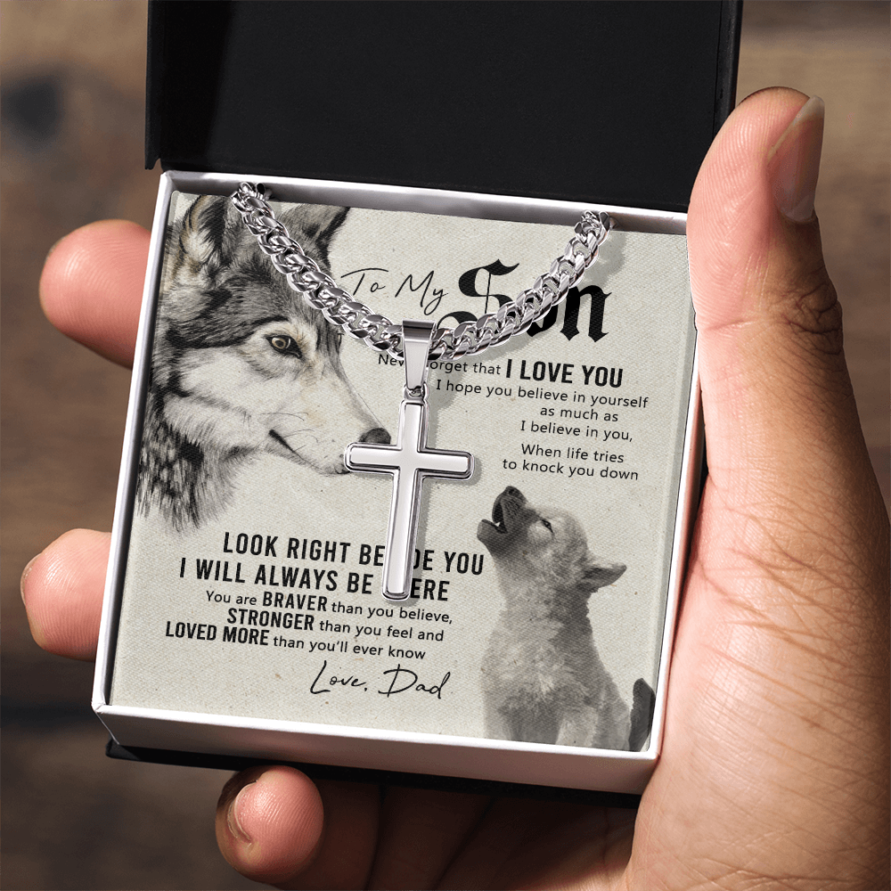 Wolf Father To Son Engraved Cross Necklace Gift For Son, To My Son Engraved Cross Necklace From Dad, Dady Meaningful Jewelry Gift For Men Artisan Engraved Cross Necklace Gift For Wolf Son Necklace