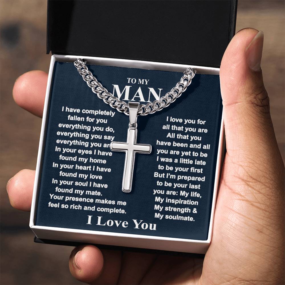 To My Man Cross Necklace Gift From Wife, Girlfriend, Fiancee Box With Card For Boyfriend, Anniversary Personalized Necklace Gift For Man, Jewelry Gift Cross Necklace For Men, Mans Gift Necklace