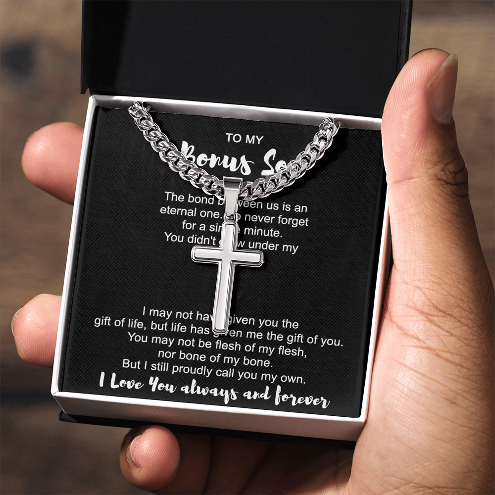 To My Bonus Son Cross Necklace From Mom for Bonus Son, Stepson Birthday Gift Graduation Gift, Jewelry Cross Gift For Boys, Men Stainless Artisan Crafted Cross 14k Necklace, Bonus Son Gift Necklace