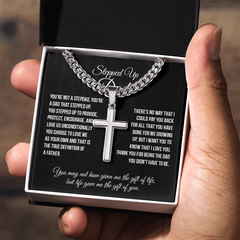 Stepped Up Dad Cross Necklace, To My Stepped Up Dad Cross Necklace From Stepped Up Daughter, Father And Daughter Necklace, Jewelry Gift For Men, Bonus Dad Gift Necklace On Father's Day For Dad