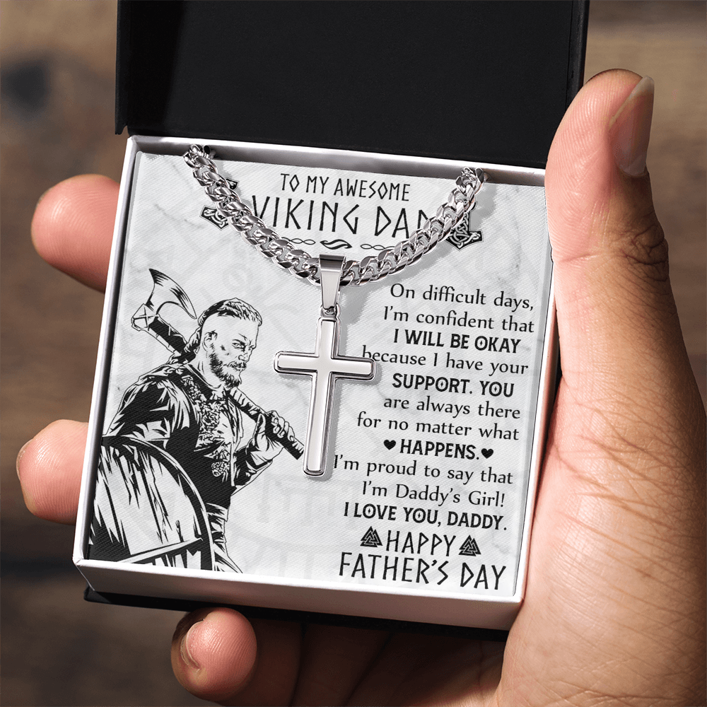 Viking Dad Cross Necklace, Jewelry Gift For Men, To My Awesome Viling Dad Necklace From Daughter, Happy Father's Day Cross Necklace Gift For Him, Daddy's Girl Necklace Gift From Little Girl Necklace