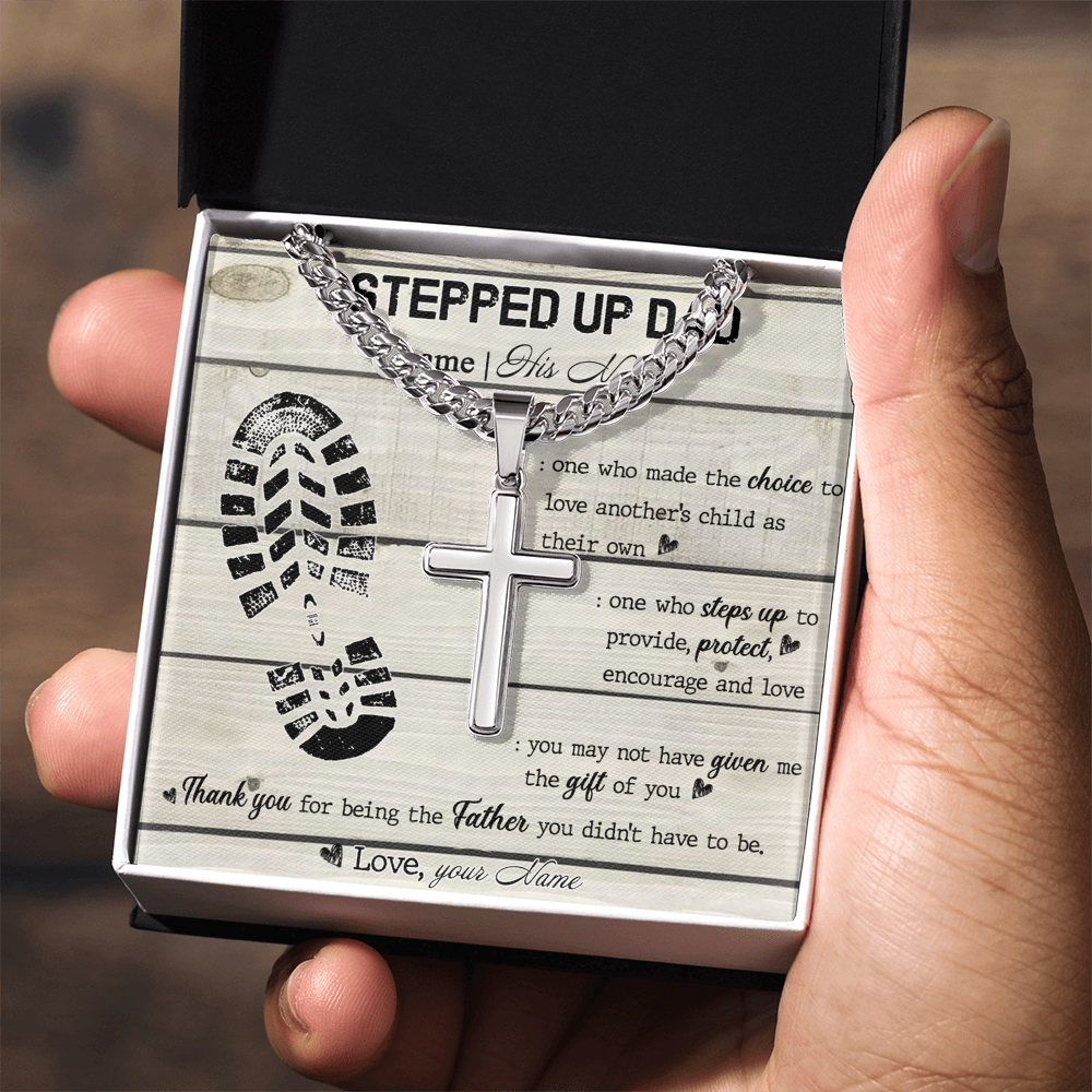Personalized Step Dad Gifts Necklace - Stepped Up Dad Gift Cuban Link Chain Necklace, Pendant Gift For Stepdad, Father's Day Necklace Card For Bonus Dad, Bonus Dad Gift Jewelry For Man, Dad