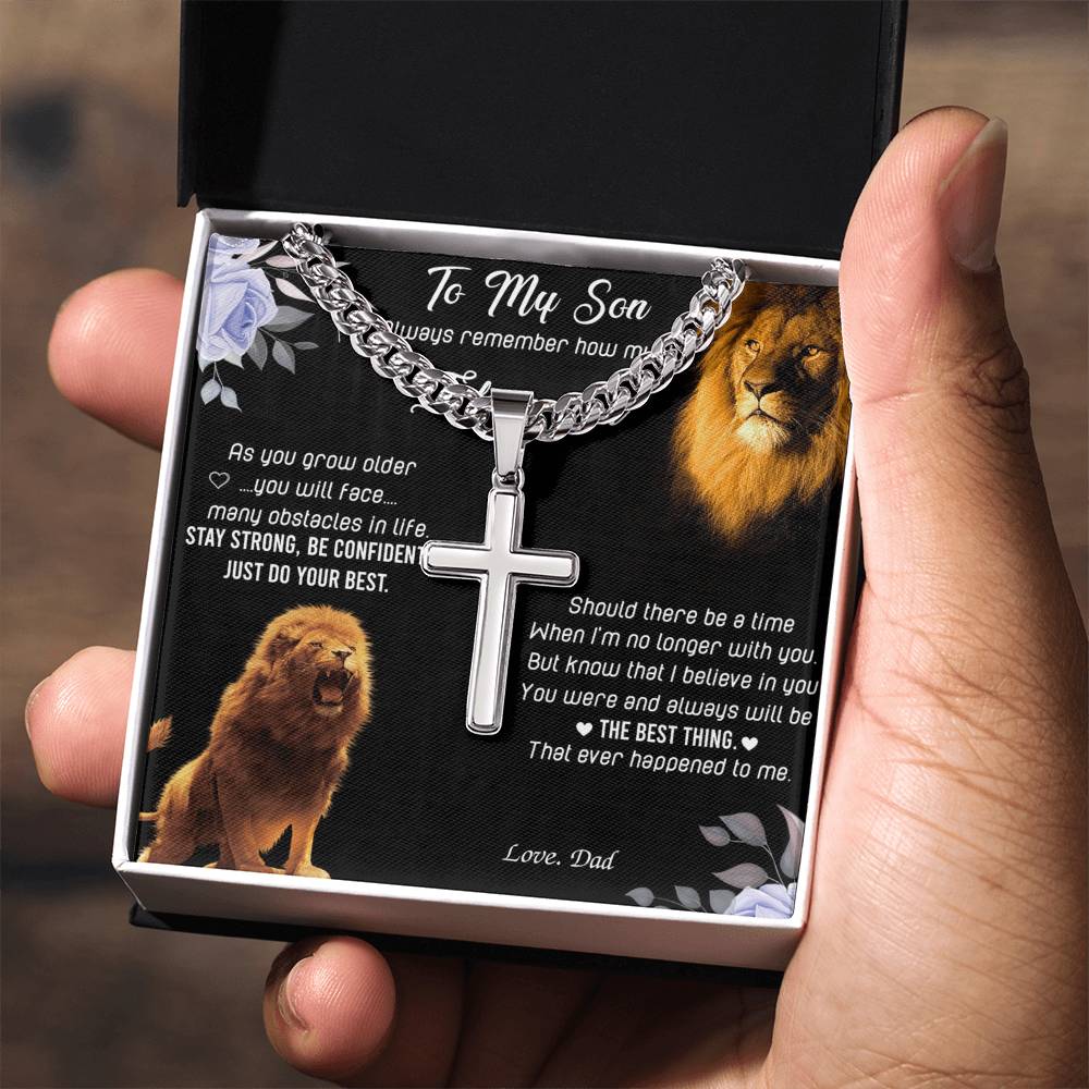 To My Son Cross Neckalce From Father, Lion Son Cross Pendant Gift For Him, Dad And Sons Jewelry, Cuban Link Chain With Engraved Artisan Cross Necklaces Gifts On Anniversary, Christmas, Wedding Day