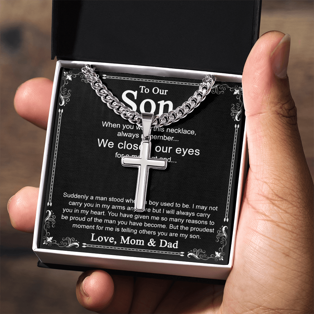 To Our Son Cross Necklace Pendant for Birthday Christmas Graduation Gift Cross Necklace from Dad Mom with Message Card and Gift Box For Son Personalized Gift Necklace for Son From Father and Mother