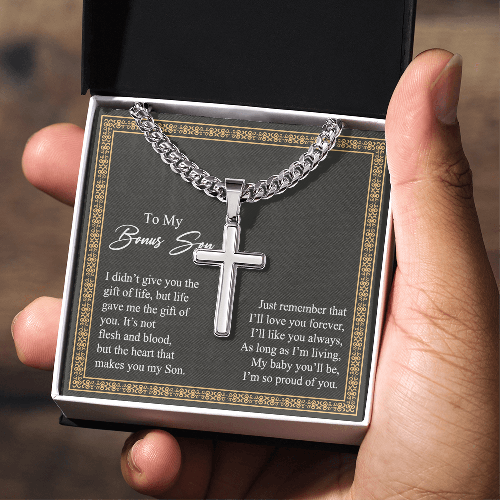 Jewelry For Mens - Bonus Son Necklace Gift, to My Bonus Son Jewelry from Mom, Lion Necklace Pendant, Step Son Gift, for Bonus Son, Adopted Son Gift Necklace, Stepchild Gifts 14K Cross B0FM73BMSB