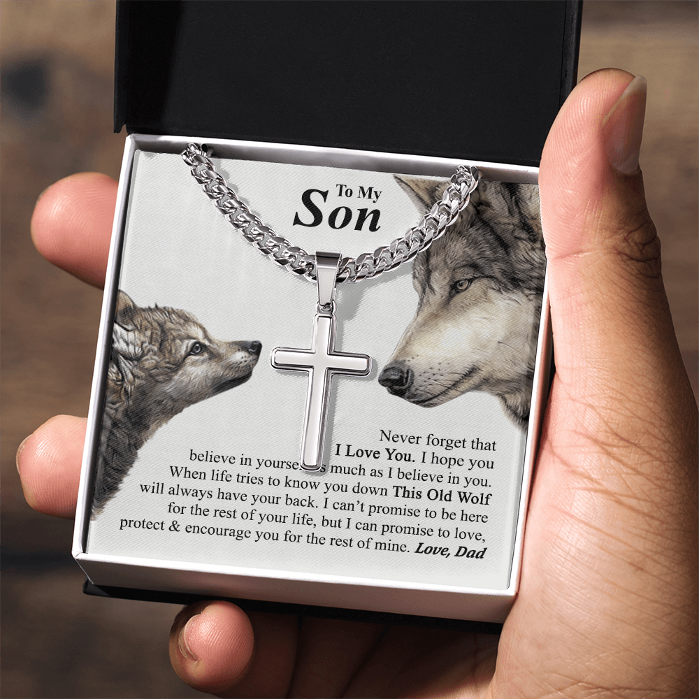 To My Son Cross Necklace From Mom, Mother To Son Jewelry Gift For Son, Cross Necklace For Men Boys, 14K White Gold Stainless Steel Cross Chains Set, Wolf Cross Pendant, Jewelry Gift For Boys, Man
