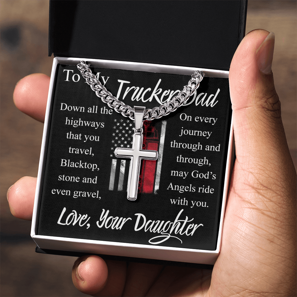 Trucker Dad Gift Necklace, Father And Daughter Cross Necklace, To My Trucker Dad Necklace From Daughter, Jewelry Gift For Men, Mans Gift Necklace For Him, Cross Pendant Gift For Dad From Her