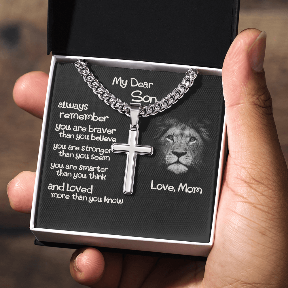 To My Son Cross Necklace Gift From Mom, Son Lion Necklace, Birthday Gifts Cross Necklace For Son, Cross Pendant Gift From Mom, Son Jewelry Gift For Mens Artisan Crafted Cross Necklace Gift To Son