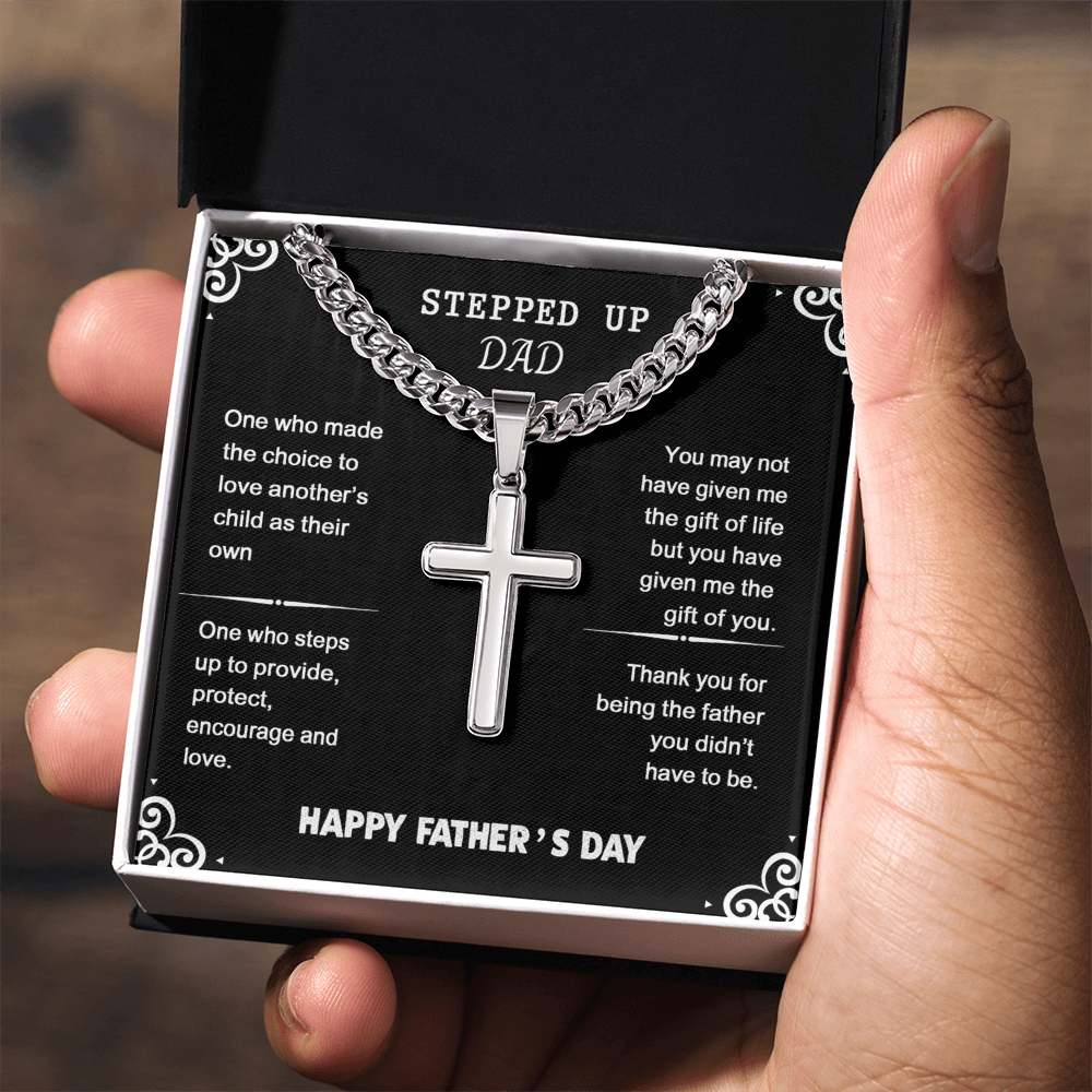 Stepped Up Dad Cross Necklace From Son, Happy Father's Day Necklace Gìt For Dad, Father And Son Gift Necklace, Stepped Up Dad Gift Necklace, To My Dad Cross Necklace From Son, Jewelry Gift For Men