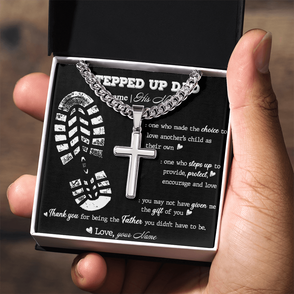 Personalized Step Dad Gifts Necklace - Step Dad Cross Necklace From Daughter, Birthday Present For Bonus Dad Necklace, Stepped Up Dad From Son To My Stepdad with Message Card And Jewelry For Man