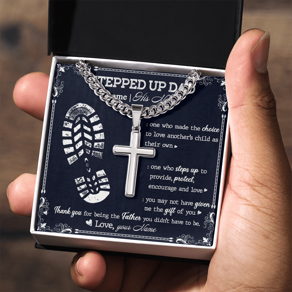 Stepped Up Dad Gift Necklace To My Stepped Up Dad Cuban Link Chain Fathers Day Gift from Step Son Daughter To My Step Dad Gift of You Stainless Steel Christmas Birthday Present Box and Message Card