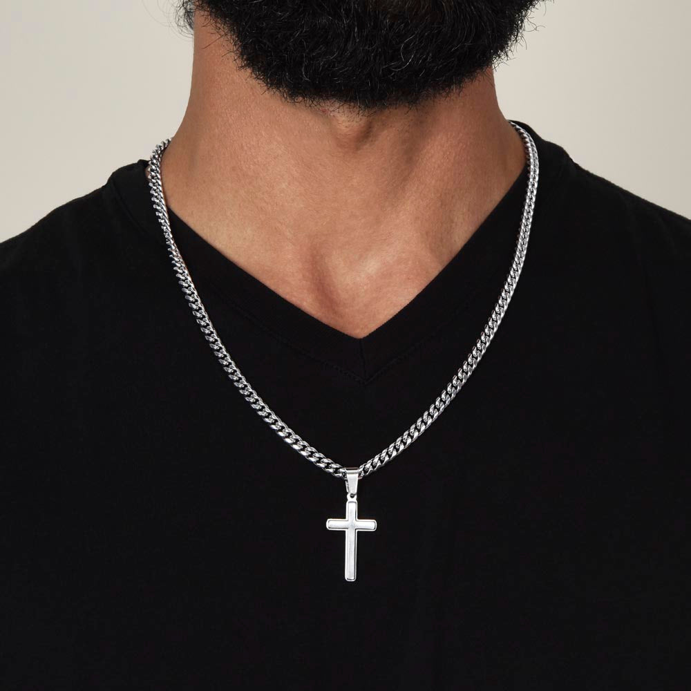 To My Man Cross Necklace, Boyfriend Gift, Boyfriend Birthday Gifts, Anniversary Cuban Chain with Artisan Cross Necklace