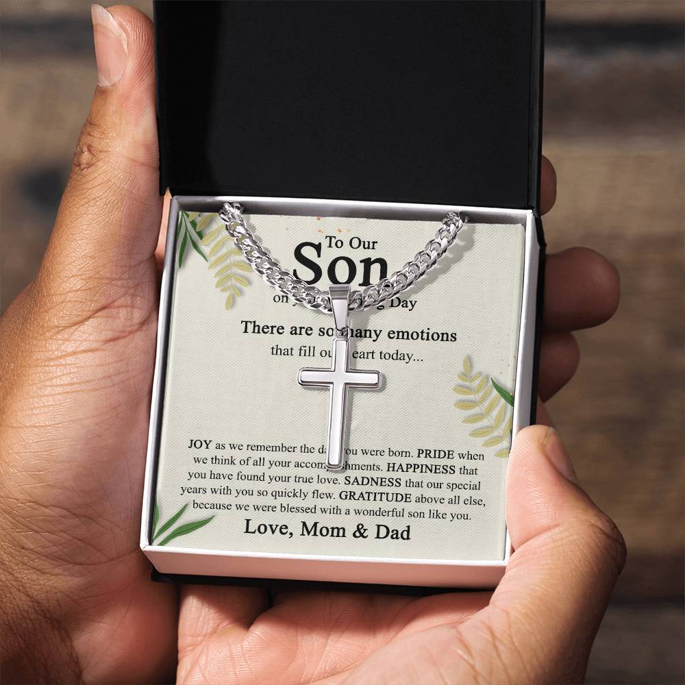 To Our Son on His Wedding Day Cross Necklace, Sentimental Wedding Gifts Cross Necklace from Parents, Son Getting Married, Wedding gift Cross Necklace for Son Wedding Day Gift for Son Jewelry for Men Cuban Chain with Artisan Cross Necklace B09N79K666
