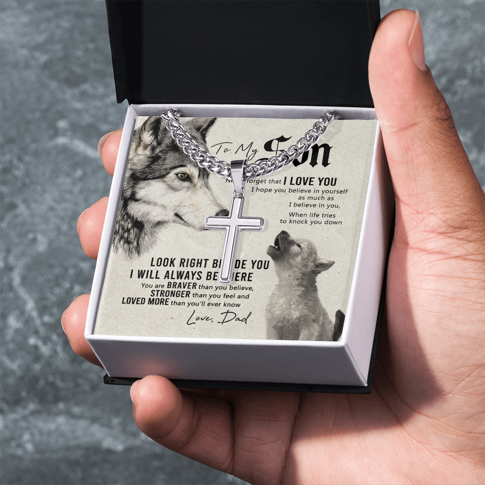Wolf Father To Son Engraved Cross Necklace Gift For Son, To My Son Engraved Cross Necklace From Dad, Dady Meaningful Jewelry Gift For Men Artisan Engraved Cross Necklace Gift For Wolf Son Necklace