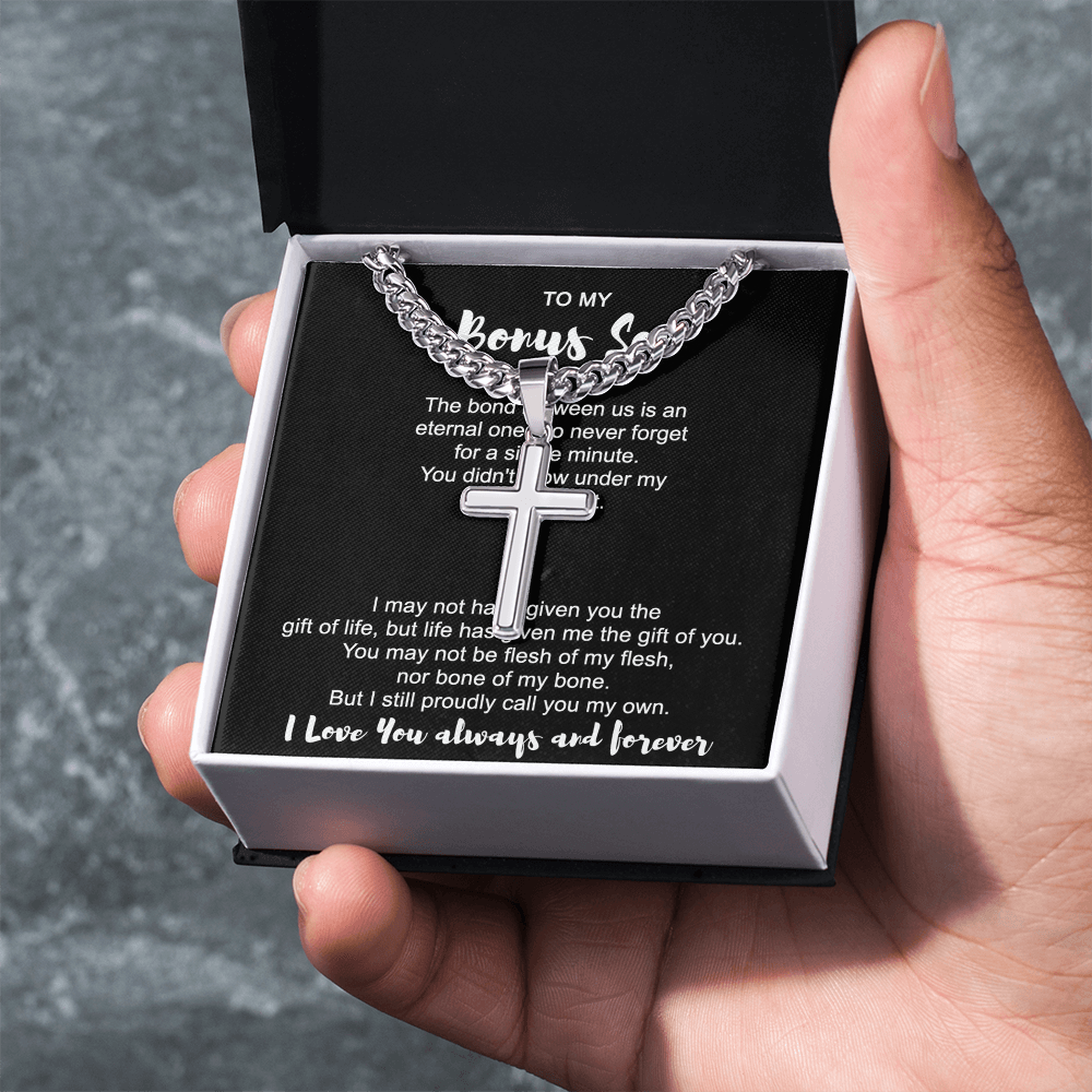 To My Bonus Son Cross Necklace From Mom for Bonus Son, Stepson Birthday Gift Graduation Gift, Jewelry Cross Gift For Boys, Men Stainless Artisan Crafted Cross 14k Necklace, Bonus Son Gift Necklace