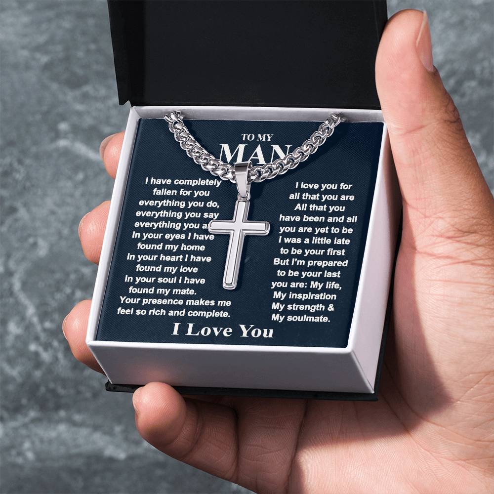 To My Man Cross Necklace Gift From Wife, Girlfriend, Fiancee Box With Card For Boyfriend, Anniversary Personalized Necklace Gift For Man, Jewelry Gift Cross Necklace For Men, Mans Gift Necklace