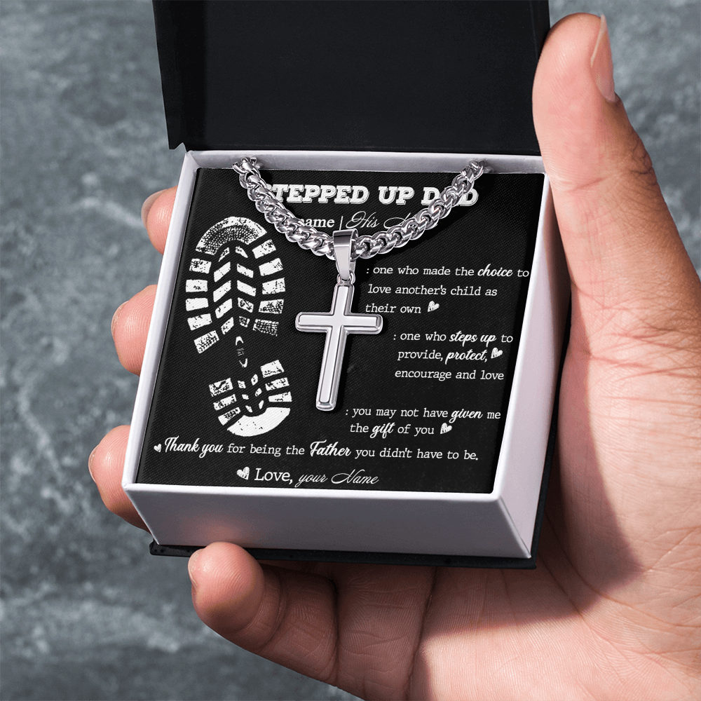 Personalized Step Dad Gifts Necklace - Step Dad Cross Necklace From Daughter, Birthday Present For Bonus Dad Necklace, Stepped Up Dad From Son To My Stepdad with Message Card And Jewelry For Man