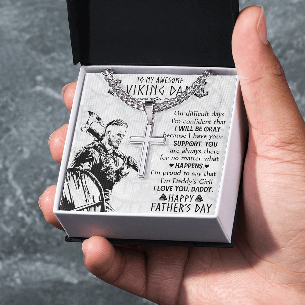 Viking Dad Cross Necklace, Jewelry Gift For Men, To My Awesome Viling Dad Necklace From Daughter, Happy Father's Day Cross Necklace Gift For Him, Daddy's Girl Necklace Gift From Little Girl Necklace