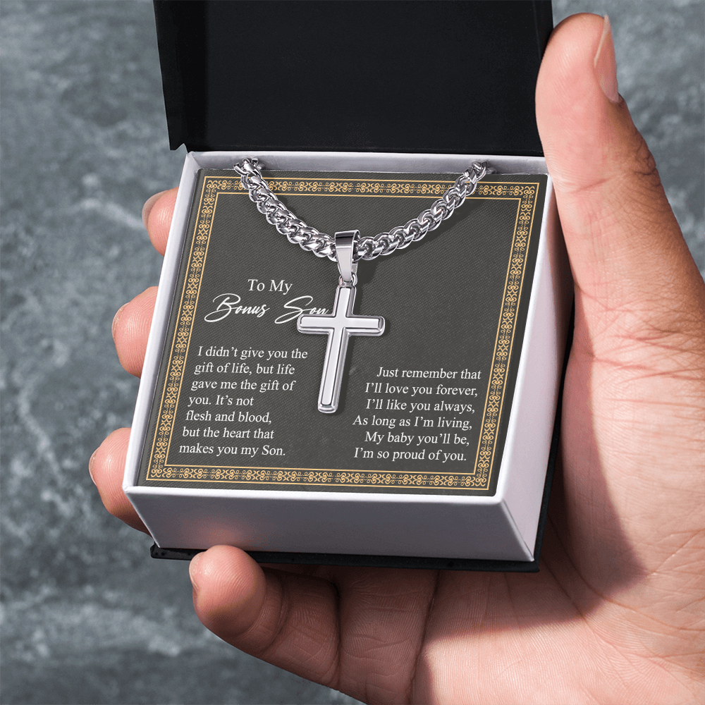Jewelry For Mens - Bonus Son Necklace Gift, to My Bonus Son Jewelry from Mom, Lion Necklace Pendant, Step Son Gift, for Bonus Son, Adopted Son Gift Necklace, Stepchild Gifts 14K Cross B0FM73BMSB