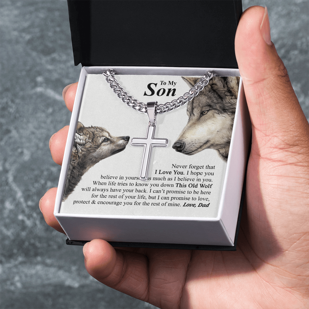 To My Son Cross Necklace From Mom, Mother To Son Jewelry Gift For Son, Cross Necklace For Men Boys, 14K White Gold Stainless Steel Cross Chains Set, Wolf Cross Pendant, Jewelry Gift For Boys, Man