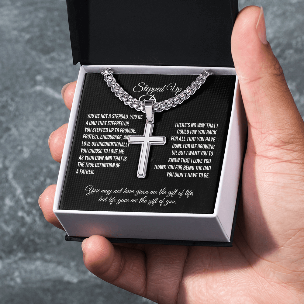 Stepped Up Dad Cross Necklace, To My Stepped Up Dad Cross Necklace From Stepped Up Daughter, Father And Daughter Necklace, Jewelry Gift For Men, Bonus Dad Gift Necklace On Father's Day For Dad