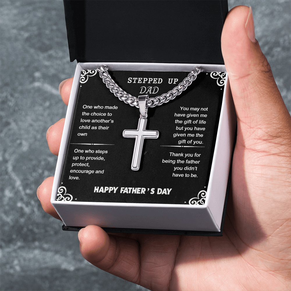 Stepped Up Dad Cross Necklace From Son, Happy Father's Day Necklace Gìt For Dad, Father And Son Gift Necklace, Stepped Up Dad Gift Necklace, To My Dad Cross Necklace From Son, Jewelry Gift For Men