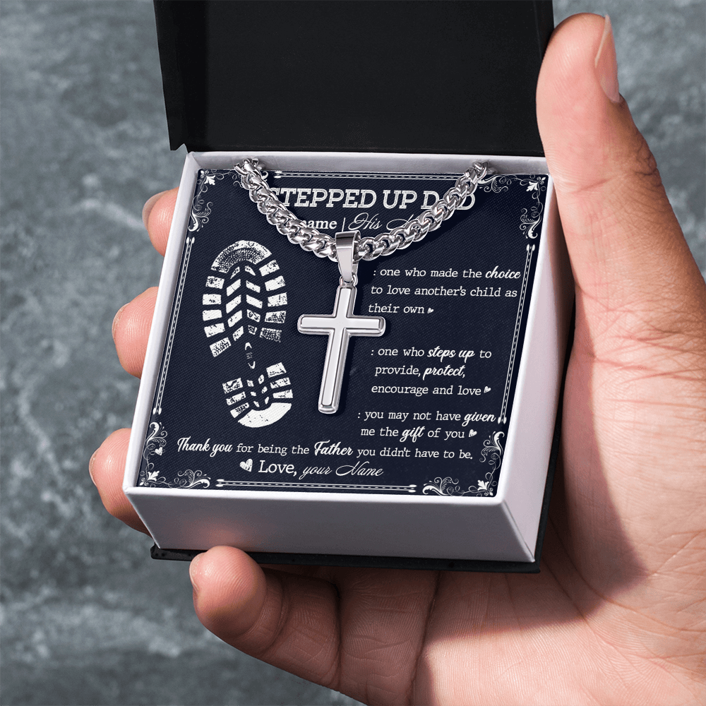 Stepped Up Dad Gift Necklace To My Stepped Up Dad Cuban Link Chain Fathers Day Gift from Step Son Daughter To My Step Dad Gift of You Stainless Steel Christmas Birthday Present Box and Message Card