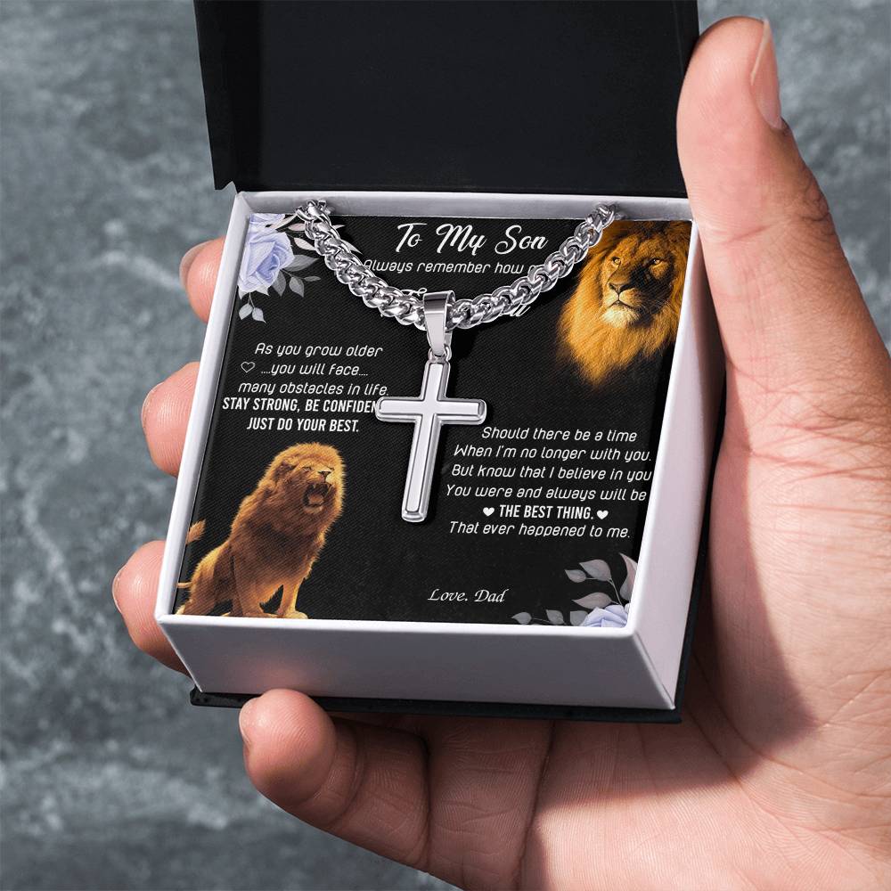 To My Son Cross Neckalce From Father, Lion Son Cross Pendant Gift For Him, Dad And Sons Jewelry, Cuban Link Chain With Engraved Artisan Cross Necklaces Gifts On Anniversary, Christmas, Wedding Day
