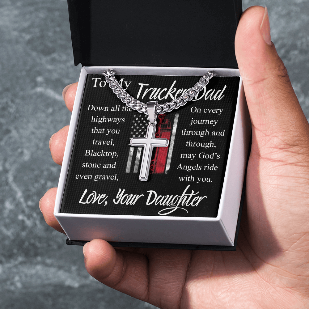 Trucker Dad Gift Necklace, Father And Daughter Cross Necklace, To My Trucker Dad Necklace From Daughter, Jewelry Gift For Men, Mans Gift Necklace For Him, Cross Pendant Gift For Dad From Her