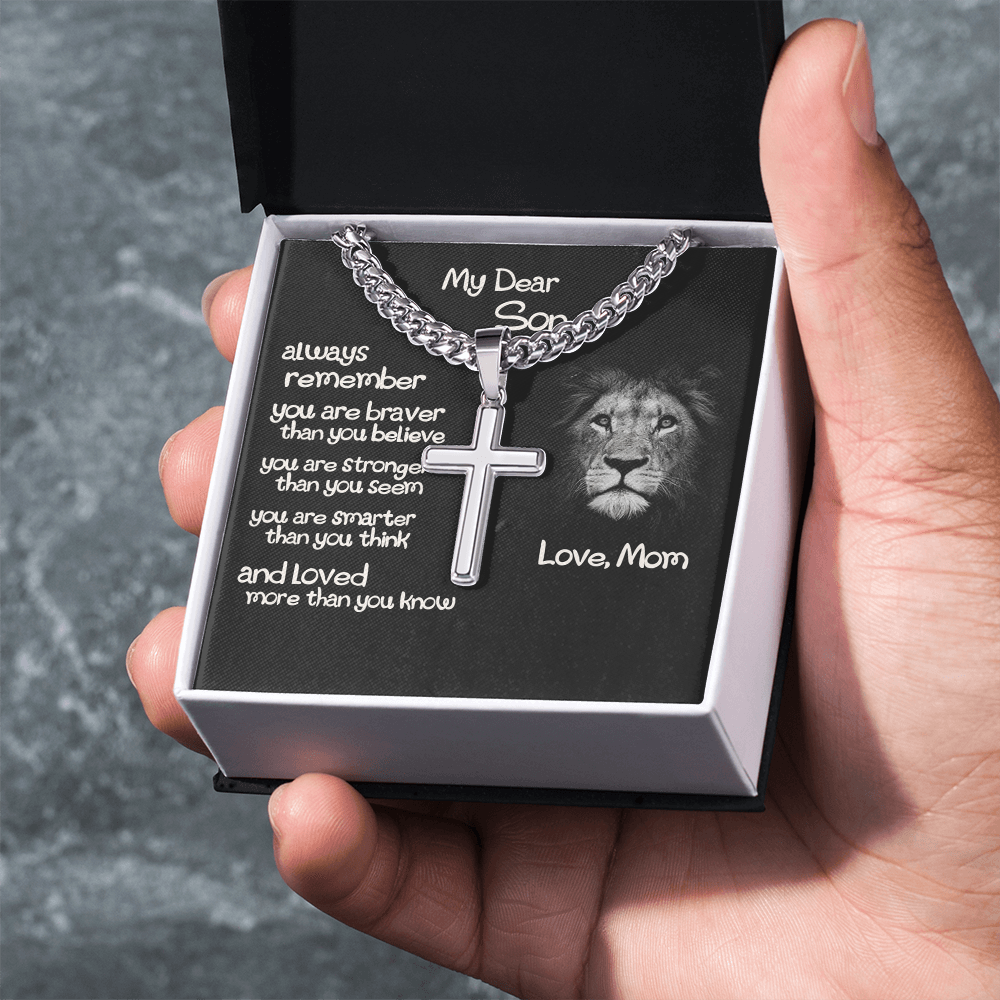 To My Son Cross Necklace Gift From Mom, Son Lion Necklace, Birthday Gifts Cross Necklace For Son, Cross Pendant Gift From Mom, Son Jewelry Gift For Mens Artisan Crafted Cross Necklace Gift To Son
