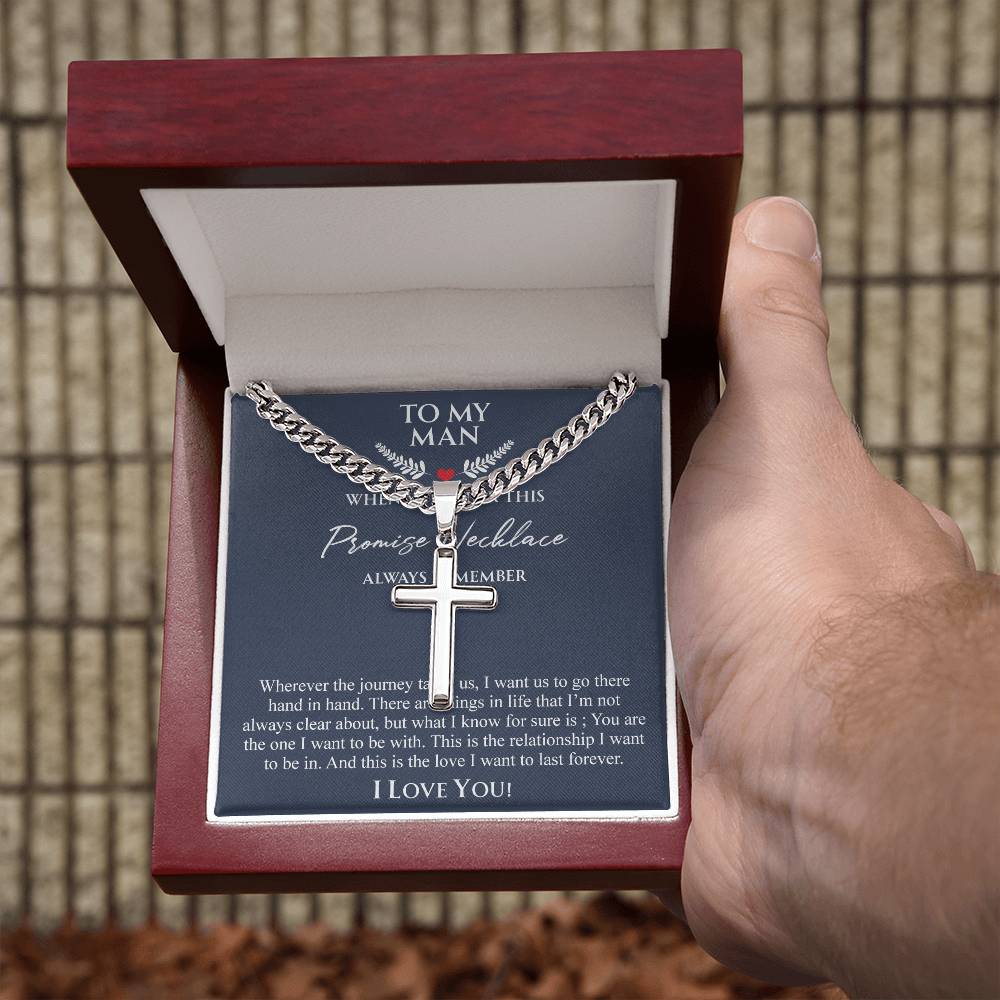To My Man Necklace Anniversary Gift for Boyfriend, Boyfriend Birthday Gift 175087501988 Cuban Chain with Artisan Cross Necklace