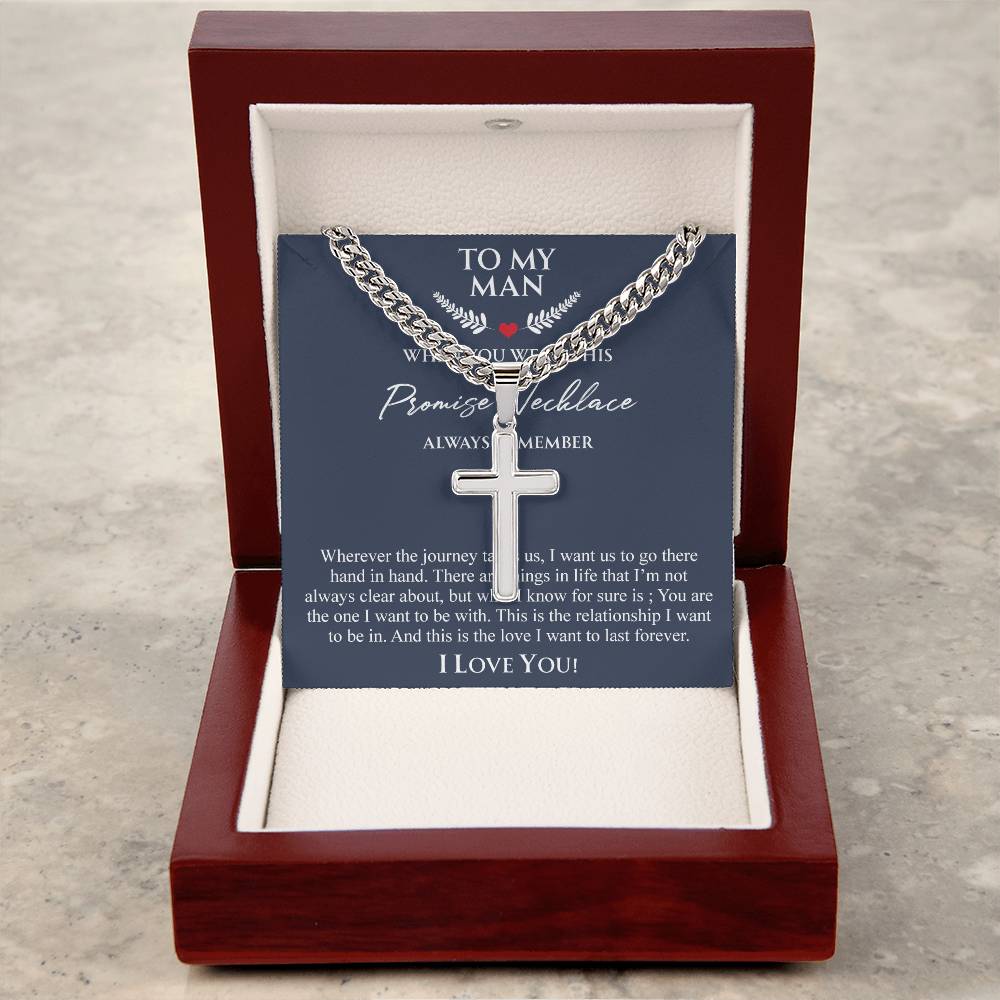 To My Man Necklace Anniversary Gift for Boyfriend, Boyfriend Birthday Gift 175087501988 Cuban Chain with Artisan Cross Necklace