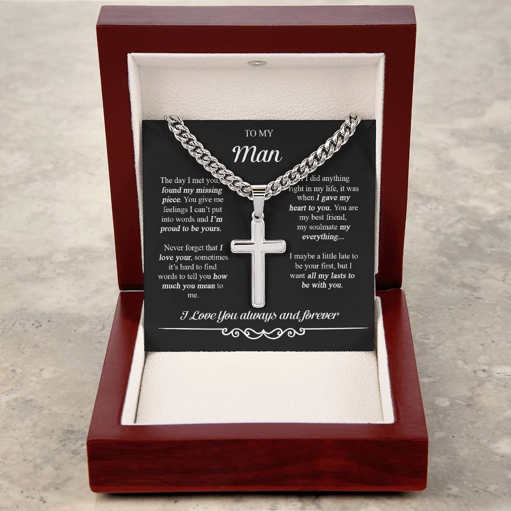 To My Man Cross Necklace, Boyfriend Gift, Boyfriend Birthday Gifts, Anniversary Cuban Chain with Artisan Cross Necklace