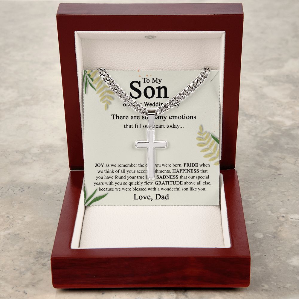 To My Son On His Wedding Day Cross Necklace from Dad, Gifts Cross Necklace for Son on Wedding Day from Dad, Father Gift Necklace To Son on Wedding Day, Necklace for Son, Jewelry Gift For Boys Men Cuban Chain with Artisan Cross Necklace  B09N78SGJN