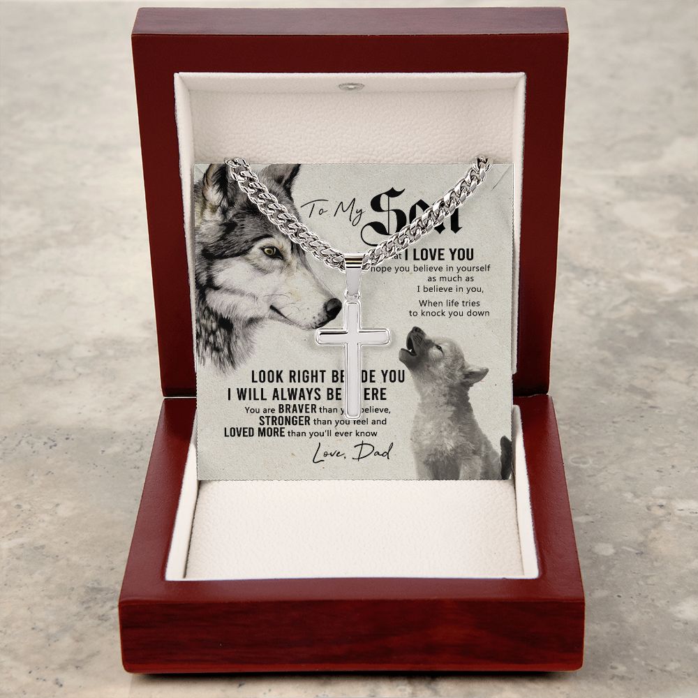 Wolf Father To Son Engraved Cross Necklace Gift For Son, To My Son Engraved Cross Necklace From Dad, Dady Meaningful Jewelry Gift For Men Artisan Engraved Cross Necklace Gift For Wolf Son Necklace Cuban Chain with Artisan Cross Necklace