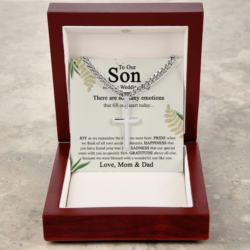 To Our Son on His Wedding Day Cross Necklace, Sentimental Wedding Gifts Cross Necklace from Parents, Son Getting Married, Wedding gift Cross Necklace for Son Wedding Day Gift for Son Jewelry for Men Cuban Chain with Artisan Cross Necklace B09N79K666