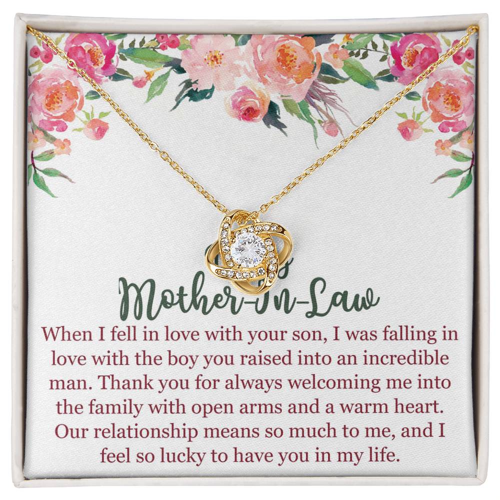 To My Mom In Law Necklace Pendant Gift From Son, Happy Mother's Day Love Knot Pendant For Mom On Birthday, Anniversary Necklace Gift Love With Your Son, Mother In Law Gift Necklace To Son In Law