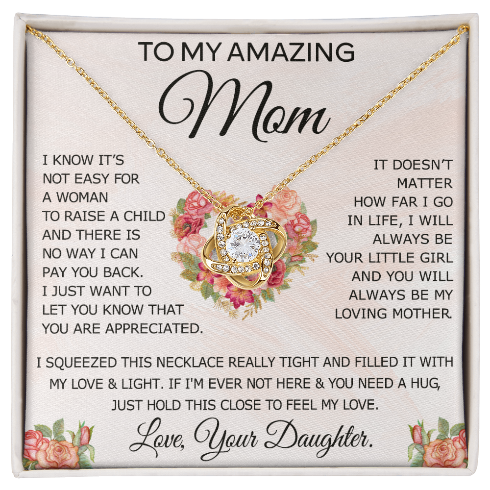 To My Amazing Mom Necklace From Daughter, Love Knot Necklace Gift For Mom, Mother Daughter Gift Necklace On Birthday Christmas Mothers Day, Jewelry Gift For Women With Message Card And Box For Her
