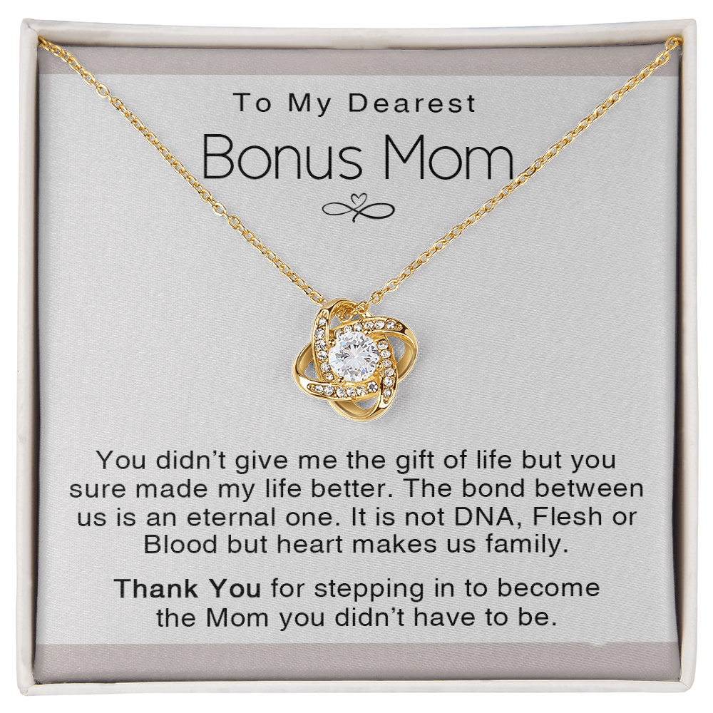 To My Dearest Bonus Mom Necklace From Bonus Daughter, Makes us Family Gift Necklace For Bonus Mom On Mother's Day, Birthday Gift Anniversary, Love Knot Pendant Gift For Bonus Mom, Dearest Mom
