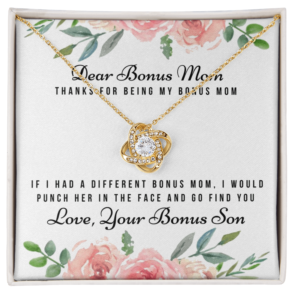 Thank For Being My Bonus Mom Necklace, To My Bonus Mom Necklace From Bonus Son, Gift Necklace For Bonus Son On Mother's Day, Anniversary, Birthday Gift, Bonus Mom And Bonus Son Love Knot Pendant