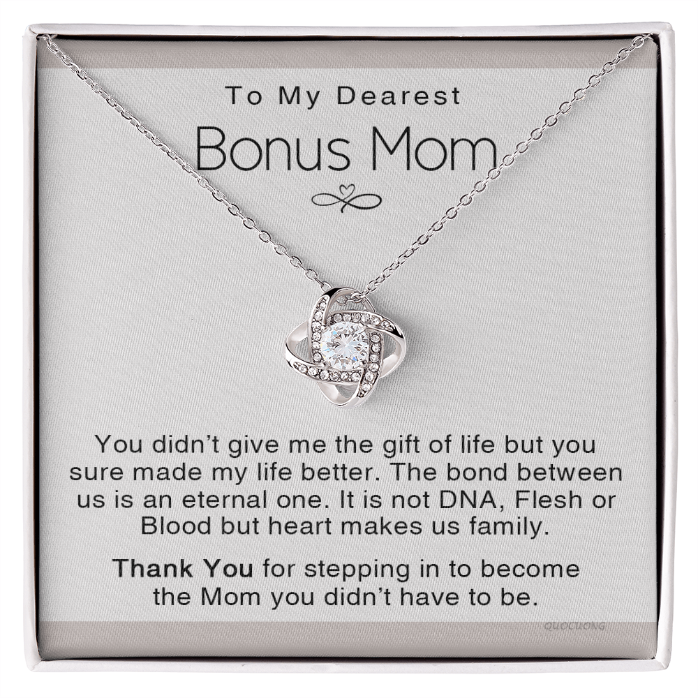 To My Dearest Bonus Mom Necklace From Bonus Daughter, Makes us Family Gift Necklace For Bonus Mom On Mother's Day, Birthday Gift Anniversary, Love Knot Pendant Gift For Bonus Mom, Dearest Mom