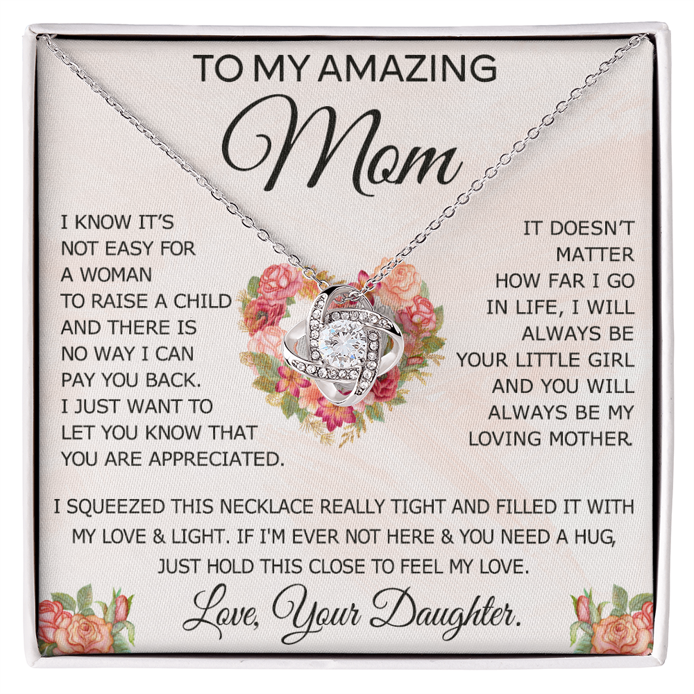 To My Amazing Mom Necklace From Daughter, Love Knot Necklace Gift For Mom, Mother Daughter Gift Necklace On Birthday Christmas Mothers Day, Jewelry Gift For Women With Message Card And Box For Her