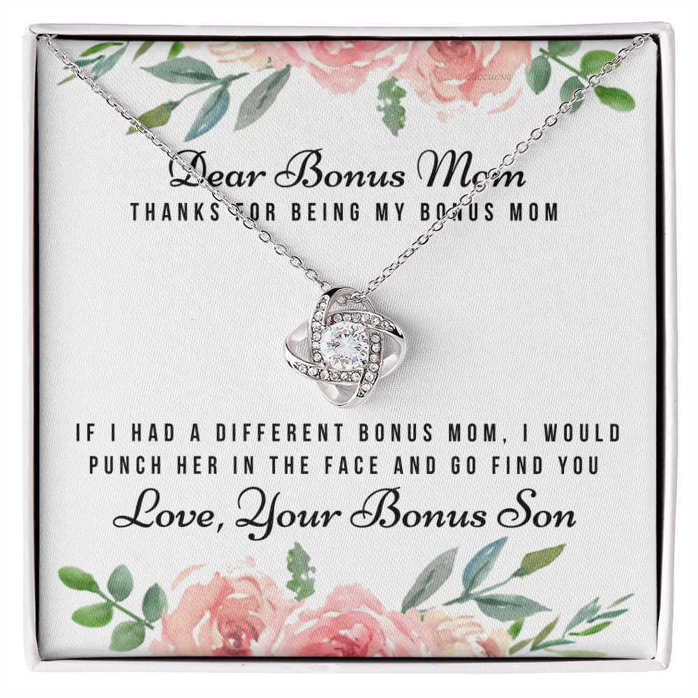 Thank For Being My Bonus Mom Necklace, To My Bonus Mom Necklace From Bonus Son, Gift Necklace For Bonus Son On Mother's Day, Anniversary, Birthday Gift, Bonus Mom And Bonus Son Love Knot Pendant