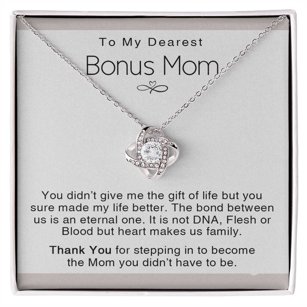 To My Dearest Bonus Mom Necklace From Bonus Daughter, Makes us Family Gift Necklace For Bonus Mom On Mother's Day, Birthday Gift Anniversary, Love Knot Pendant Gift For Bonus Mom, Dearest Mom