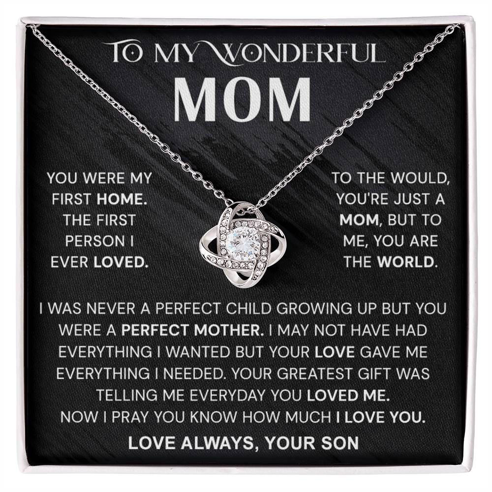 Wonderful Mom Gift Necklace, To My Wonderful Mom Love Knot Necklace From Son Never A Perfect Child Necklace Gift For Mom Son And Mother Love Knot Pendant Birthday Gift For Mom Jewelry Gift For Women