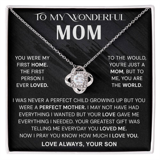 Wonderful Mom Gift Necklace, To My Wonderful Mom Love Knot Necklace From Son Never A Perfect Child Necklace Gift For Mom Son And Mother Love Knot Pendant Birthday Gift For Mom Jewelry Gift For Women