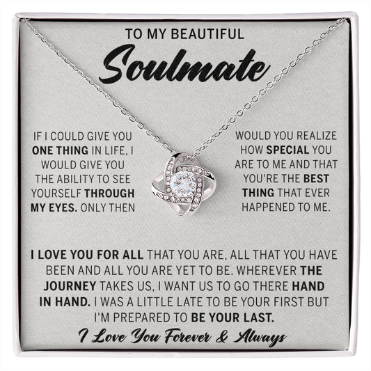 To My Beautiful Soulmate Necklace Gift From Husband, Boyfriend Jewelry Gift for Girls, Soulmate Gift Necklace for Women Love Lnot Pendant Gift for Her Romantic Girlfriend Gift Necklace Message