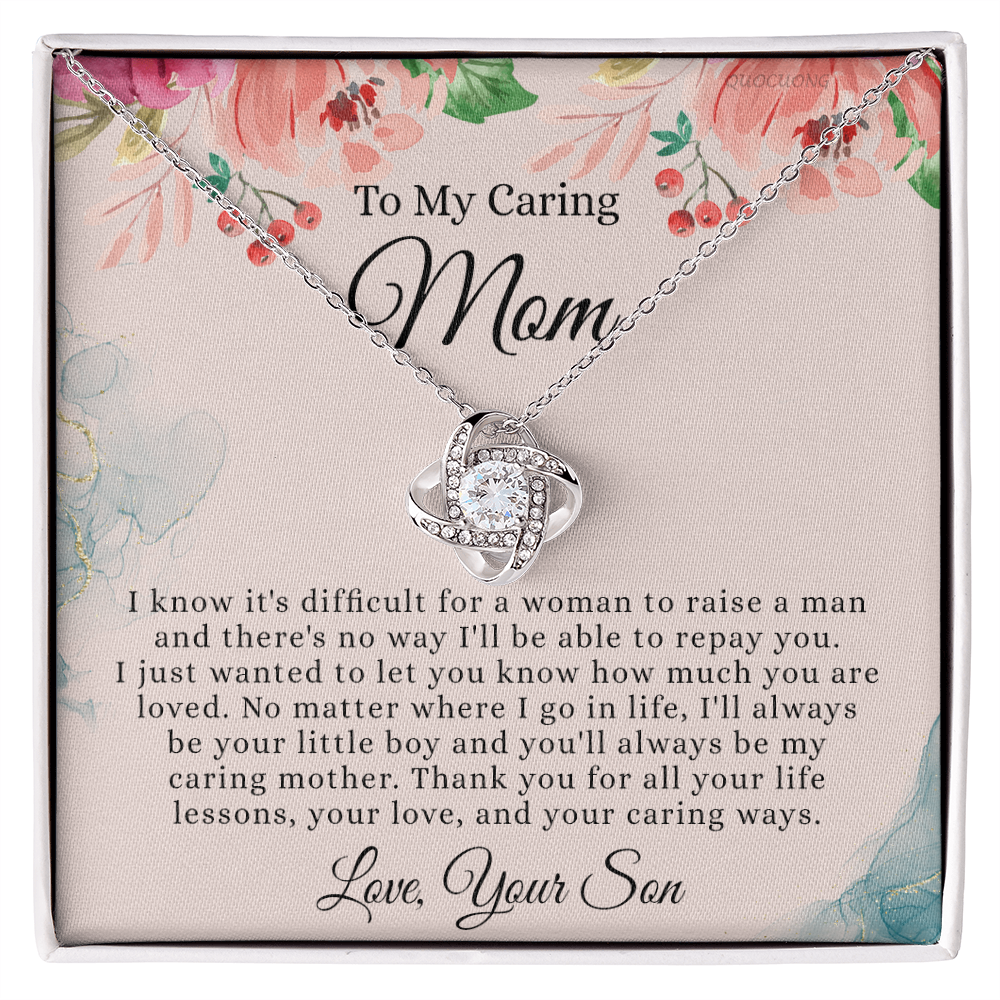 To My Caring Mom Necklace From Son, Love Knot Necklace Gift For Mom On Birthday Gift Anniversary Mother's Day Necklace For Mom, Caring Mom, New Mom Gift Necklace Gift For Her, Jewelry Gift For Women