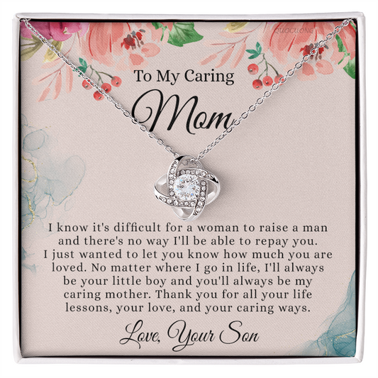 To My Caring Mom Necklace From Son, Love Knot Necklace Gift For Mom On Birthday Gift Anniversary Mother's Day Necklace For Mom, Caring Mom, New Mom Gift Necklace Gift For Her, Jewelry Gift For Women